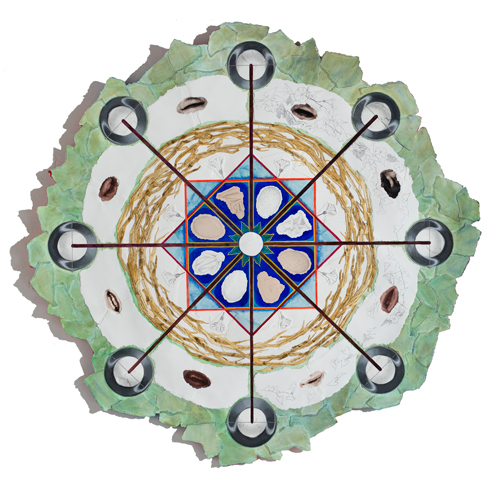 Kim Vanderheiden, "Justice Mandala" (2016) acrylic, pencil, letterpress, pen & ink, watercolor on torn paper collage.