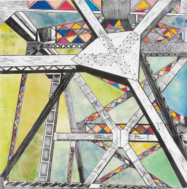 Cantilever VI, by Kim Vanderheiden. Linoleum carving watercolor, pencil, acrylic, foil leaf, 36x36"
