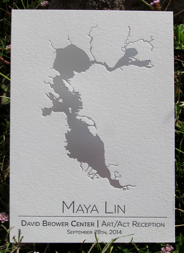 Letterpress interpretation of Maya Lin's poured silver work of the San Francisco Bay. Invitation created by Painted Tongue Press for the Brower Center Art/Act Award in 2014.