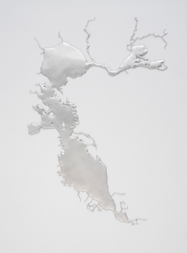Maya Lin's poured silver work of the San Francisco Bay, on view at The Brower Center Sept 19th 2014 - February 4th 2015. Image courtesy of The Brower Center.