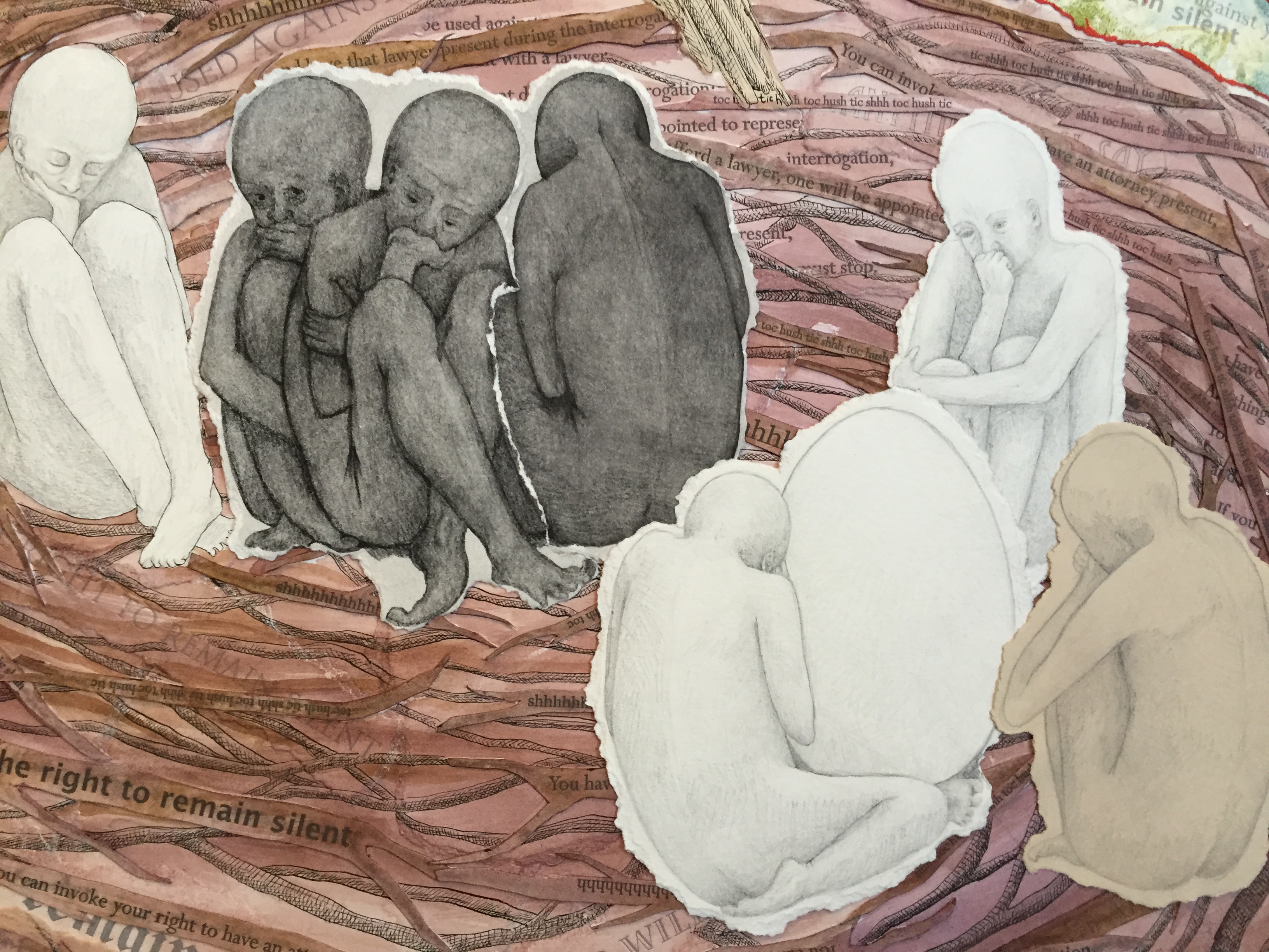 Detail from a piece entitled, "Hush!" about the dilemmas of maintaining protective silence during legal proceedings.